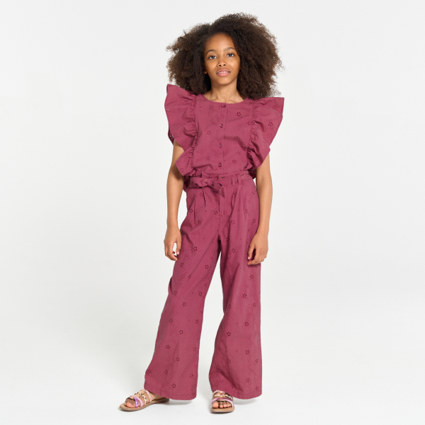 بنطلون واسع بتطريز إنجليزي باللون الترابي للفتيات